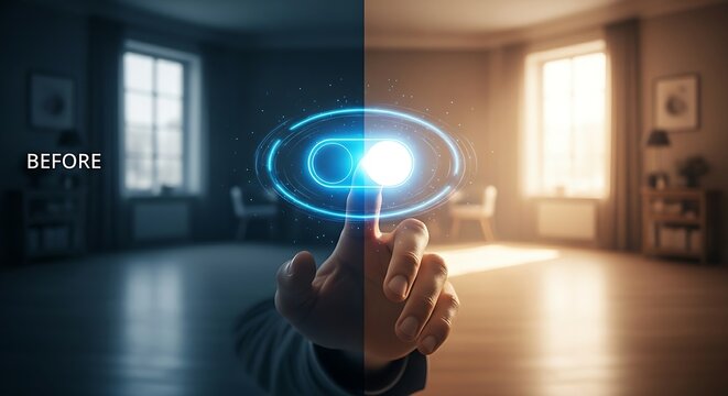 Change or new perspective concept. A close-up of a hand flipping a holographic 'light switch', which changes the environment from dark to light, symbolizing a new perspective.