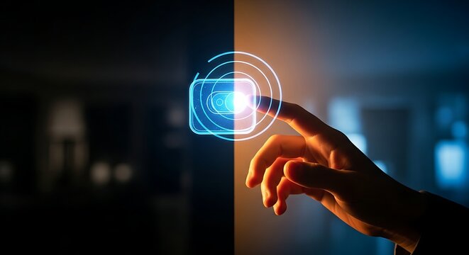 Change or new perspective concept. A close-up of a hand flipping a holographic 'light switch', which changes the environment from dark to light, symbolizing a new perspective.