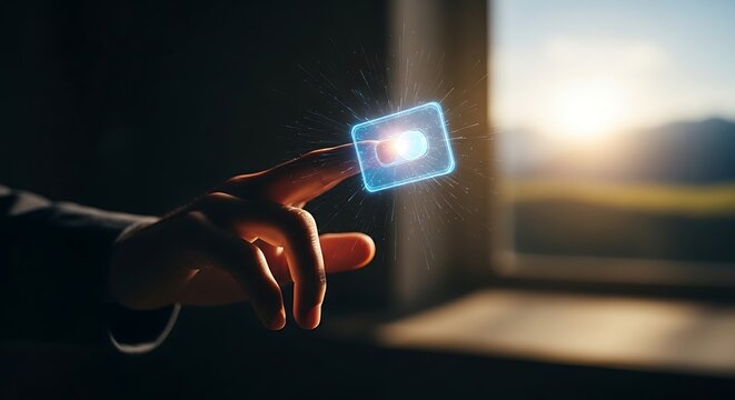 Change or new perspective concept. A close-up of a hand flipping a holographic 'light switch', which changes the environment from dark to light, symbolizing a new perspective.