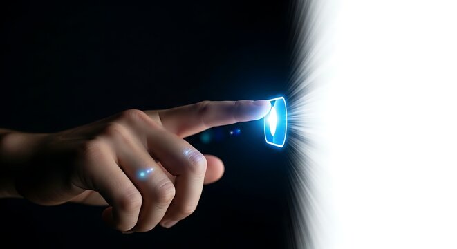 Change or new perspective concept. A close-up of a hand flipping a holographic 'light switch', which changes the environment from dark to light, symbolizing a new perspective.