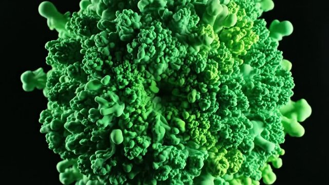 Detailed close-up animation of a vibrant green fractal vegetable on a black background