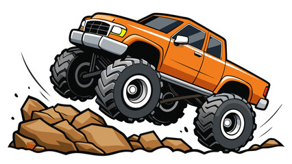Orange monster truck climbing rocky terrain in a dynamic vector illustration © Muhamad