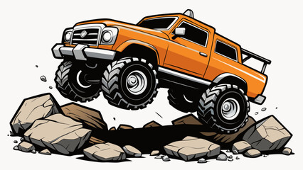 Dynamic Orange Monster Truck Illustration Jumping Over Dangerous Rocky Cliff Terrain © Muhamad