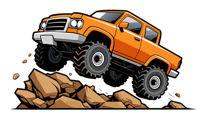 Orange off-road 4x4 pickup truck jumping over rugged rocky terrain vector illustration © Muhamad