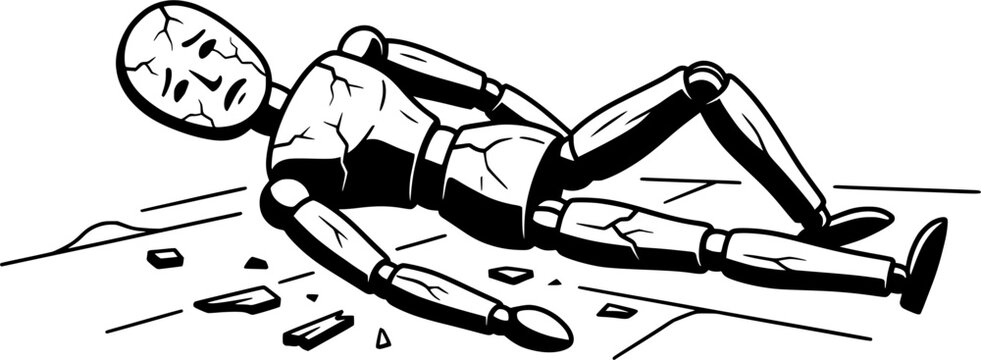 Broken Human Puppet Lying on Floor Black and White Illustration Showing Emotional Exhaustion, Burnout, Trauma, Depression, Mental Health Breakdown, and Inner Pain