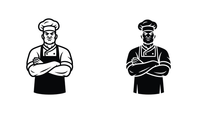Angry chef character with crossed arms wearing a traditional toque for restaurant branding and logo design