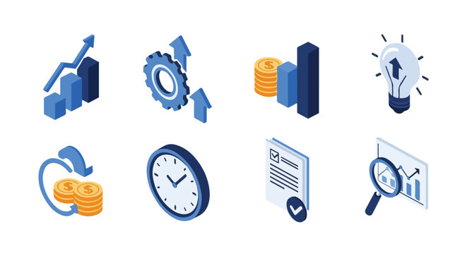 A collection of eight isometric business icons in blue and yellow, featuring growth charts, financial coins, a clock, and data analysis tools.