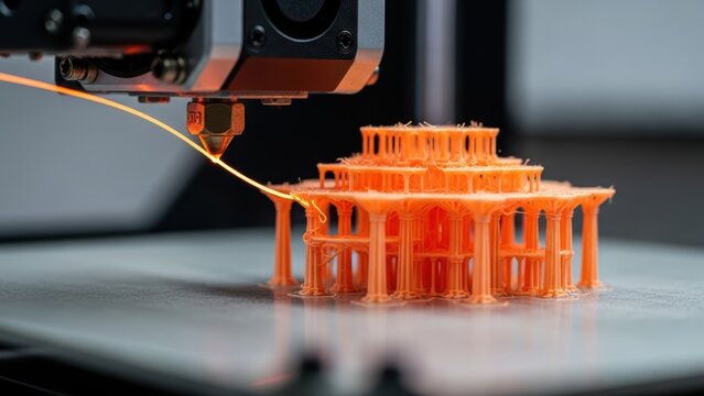 3D printer building a miniature orange architectural model.