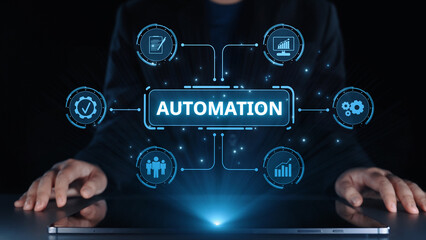 Obraz premium Modern automation drives workflow efficiency by connecting systems, people, and data. With intelligent automation, businesses unlock potential through seamless integration and automation tools. Elide