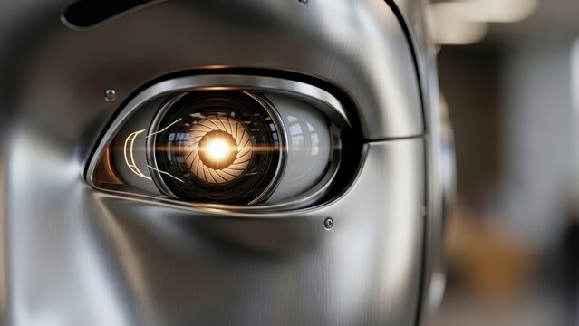 Close-up of a robotic eye with a glowing lens.