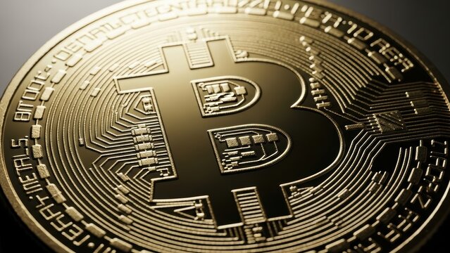 A physical Bitcoin coin with detailed circuit patterns.