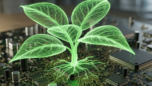 A glowing green plant growing out of a computer circuit board.