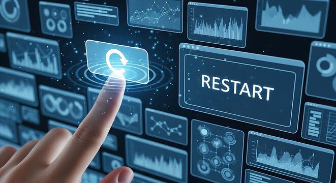 Restart or reset concept. A close-up of a finger pressing a holographic 'reset' button (circular arrow), causing a cluttered interface to return to its clean initial state.