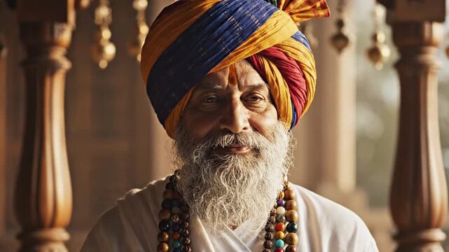 Elderly Indian man in colorful turban smiling at temple