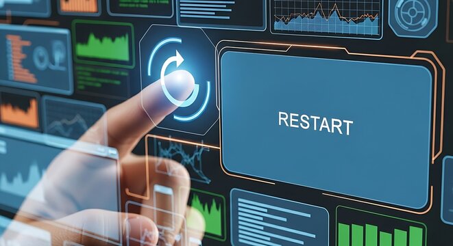 Restart or reset concept. A close-up of a finger pressing a holographic 'reset' button (circular arrow), causing a cluttered interface to return to its clean initial state.