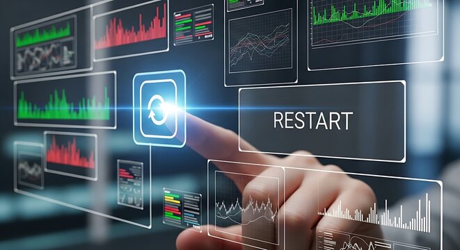 Restart or reset concept. A close-up of a finger pressing a holographic 'reset' button (circular arrow), causing a cluttered interface to return to its clean initial state.