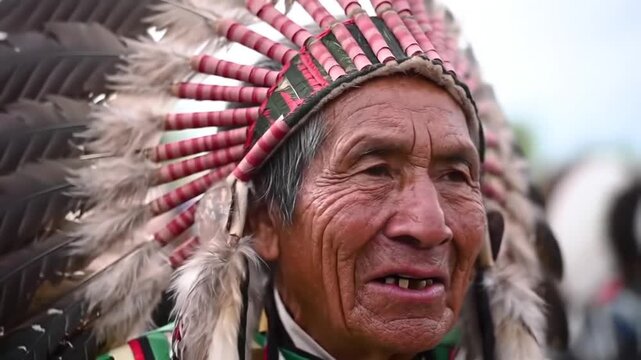 Elderly Native American man wearing traditional feathered war bonnet
