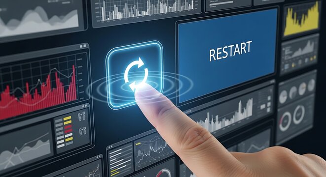 Restart or reset concept. A close-up of a finger pressing a holographic 'reset' button (circular arrow), causing a cluttered interface to return to its clean initial state.