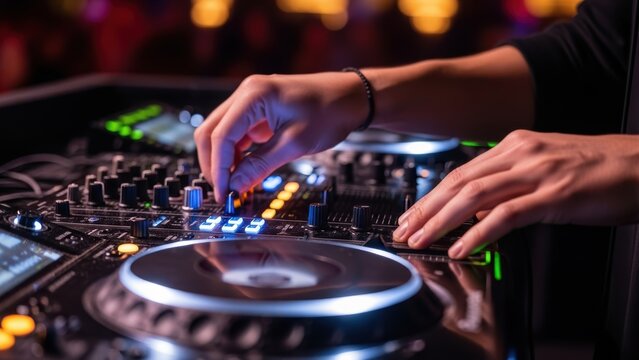 A DJ adjusts a knob on a mixing console at a party.