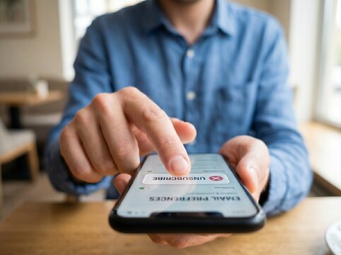 User pressing unsubscribe button on smartphone, representing subscription cancellation, recurring billing control, and account management with digital platform settings and payment termination process