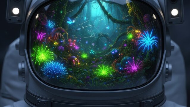 An astronaut's visor reflecting a colorful, bioluminescent alien world.