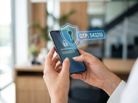 User holding smartphone with security shield and OTP code interface, representing two factor authentication, login protection, mobile cybersecurity and secure digital identity verification. 