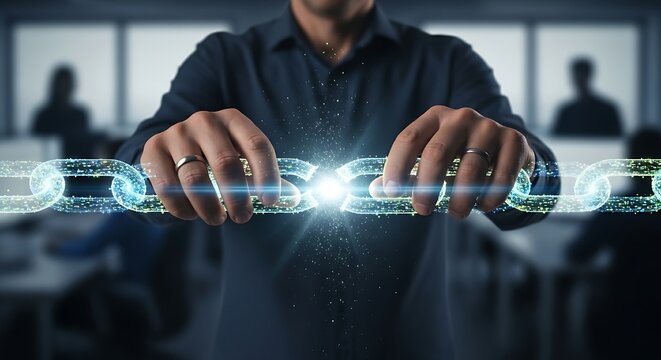 Rebuilding trust concept. A team leader's hands join the ends of a 'broken link' in a holographic chain, repairing the connection to symbolize rebuilding trust.