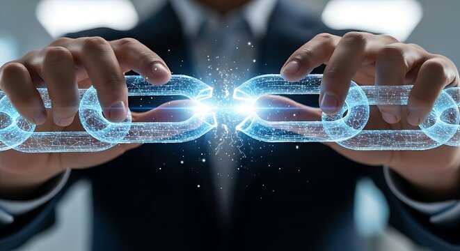 Rebuilding trust concept. A team leader's hands join the ends of a 'broken link' in a holographic chain, repairing the connection to symbolize rebuilding trust.