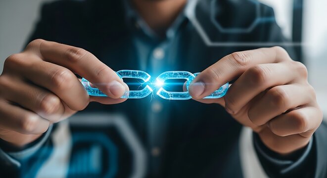 Rebuilding trust concept. A team leader's hands join the ends of a 'broken link' in a holographic chain, repairing the connection to symbolize rebuilding trust.