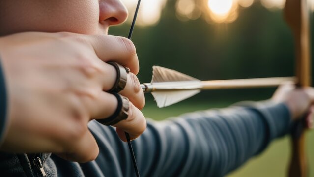 An archer aiming a bow and arrow at sunset.