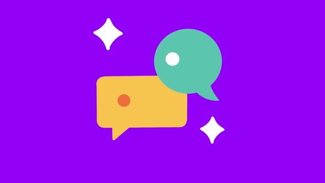 Colorful speech bubbles icon animation with sparkle stars. Flat vector illustration of chatting, messaging, communication, online feedback, and social media concept on purple background