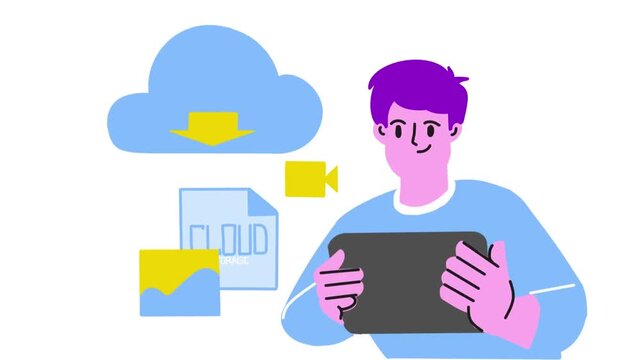 Man downloading files from cloud storage via tablet. Flat vector animation showing cloud, download arrow, photo, video, and document icons. Concept of data sync and digital access.