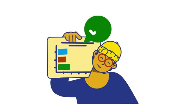 Flat vector animation of a smiling character holding a bar chart. A green speech bubble with a checkmark appears, symbolizing data approval, positive analytics, and business success.