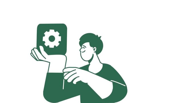 Flat vector animation of a man holding a gear settings icon. Concept of technical support, maintenance, configuration, and system management. Isolated on white background.