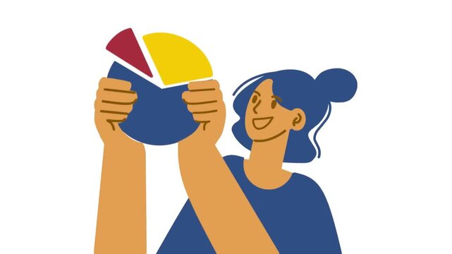 A happy young woman holding a colorful pie chart. Flat vector illustration of business data analytics, financial success, and market statistics. Ideal for reports and presentations
