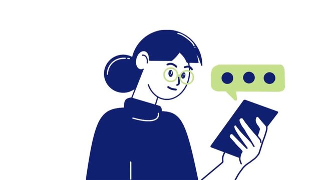 A young woman with glasses receives a surprise text on her smartphone, reacting with shock as a green chat bubble appears.