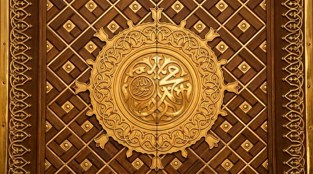 Intricately designed gold door with arabic calligraphy and ornate patterns on a wooden background