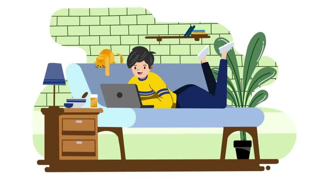 A smiling young man lies on a couch, using a laptop. An orange cat peers over the sofa. Modern flat vector illustration of home relaxation, work from home, and leisure.