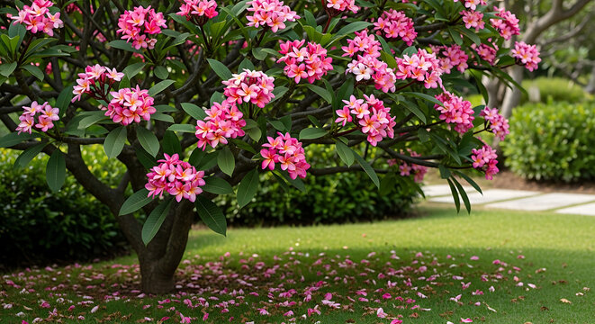 Exquisite blooming pink frangipani tree in a lush tropical garden, featuring vibrant plumeria flowers also called bunga kamboja with delicate petals showcasing natural botanical beauty.