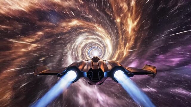 Futuristic spacecraft traveling through a cosmic space vortex at lightspeed