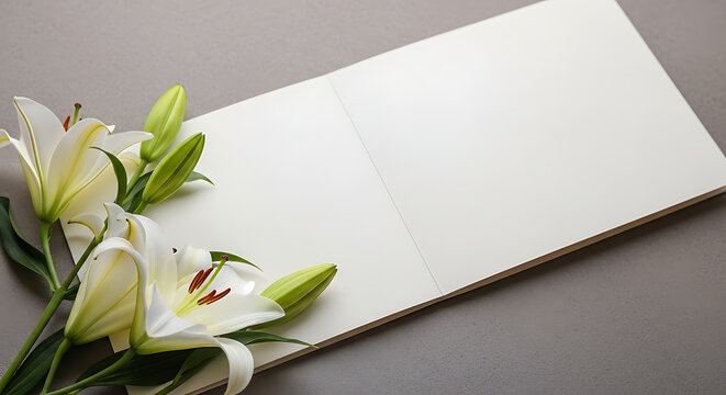 Overhead view of minimalist white condolence greeting card adorned with elegant fresh lily flower on clean background with copy space for personalized sympathy message or funeral memorial notice.