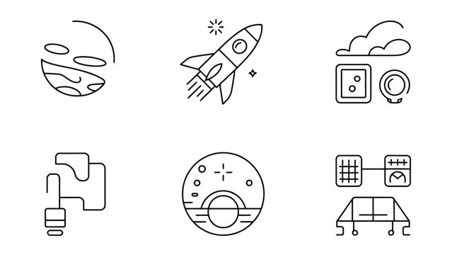 Set of line icons for technology and space exploration with various symbols and objects