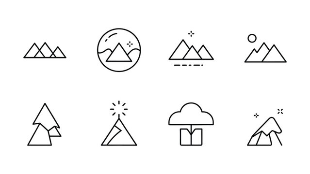 Set of mountain icons in simple line style with various designs and elements