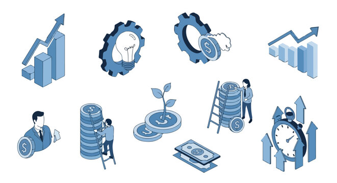 A set of isometric icons and illustrations in blue shades depicting business growth, financial success, investment concepts, and time management.