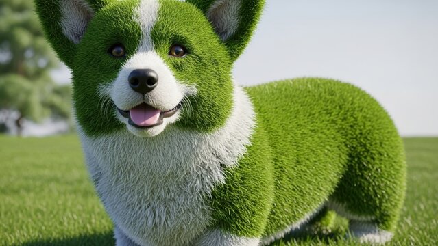 A side view of a corgi dog with a grass-like green coat.