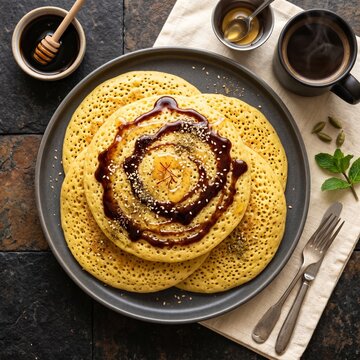 Professional Close-Up Photograph of Authentic Emirati Chabab - Golden Saffron and Cardamom Pancakes Drizzled with Honey and Date Syrup - Dark Matte Background - 8K Stock Photo