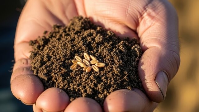 A cupped hand holding a pile of soil with several wheat grains on top.