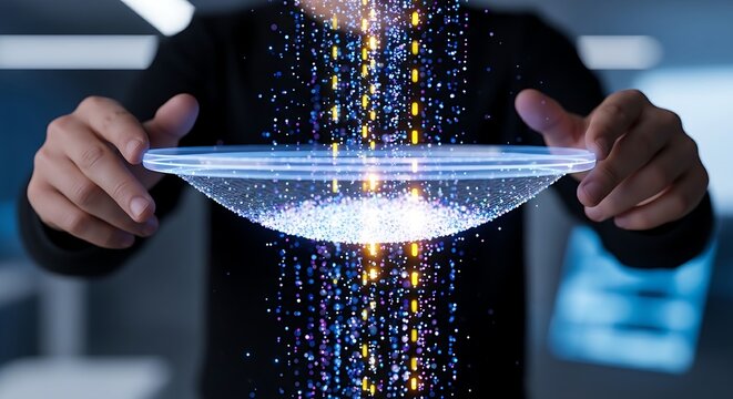 Data mining concept. An analyst's hands 'sift' a stream of data points with a holographic 'sieve', letting only the brightest light points pass through.