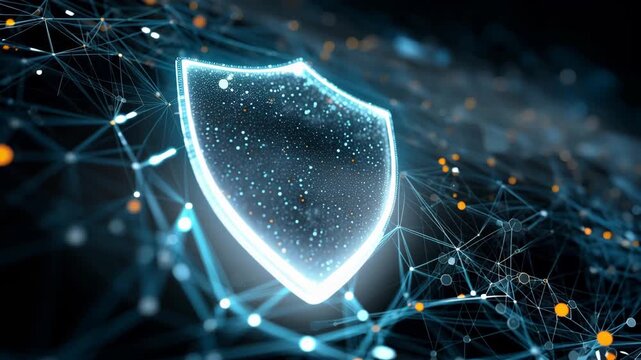 4K Ultra HD Digital shield icon representing cybersecurity and data protection with a glowing network connection background video