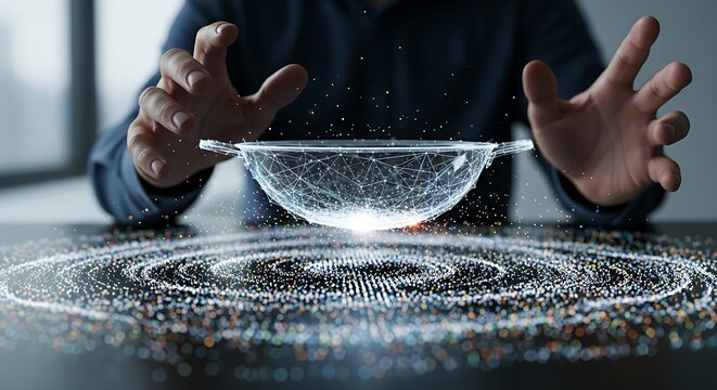Data mining concept. An analyst's hands 'sift' a stream of data points with a holographic 'sieve', letting only the brightest light points pass through.